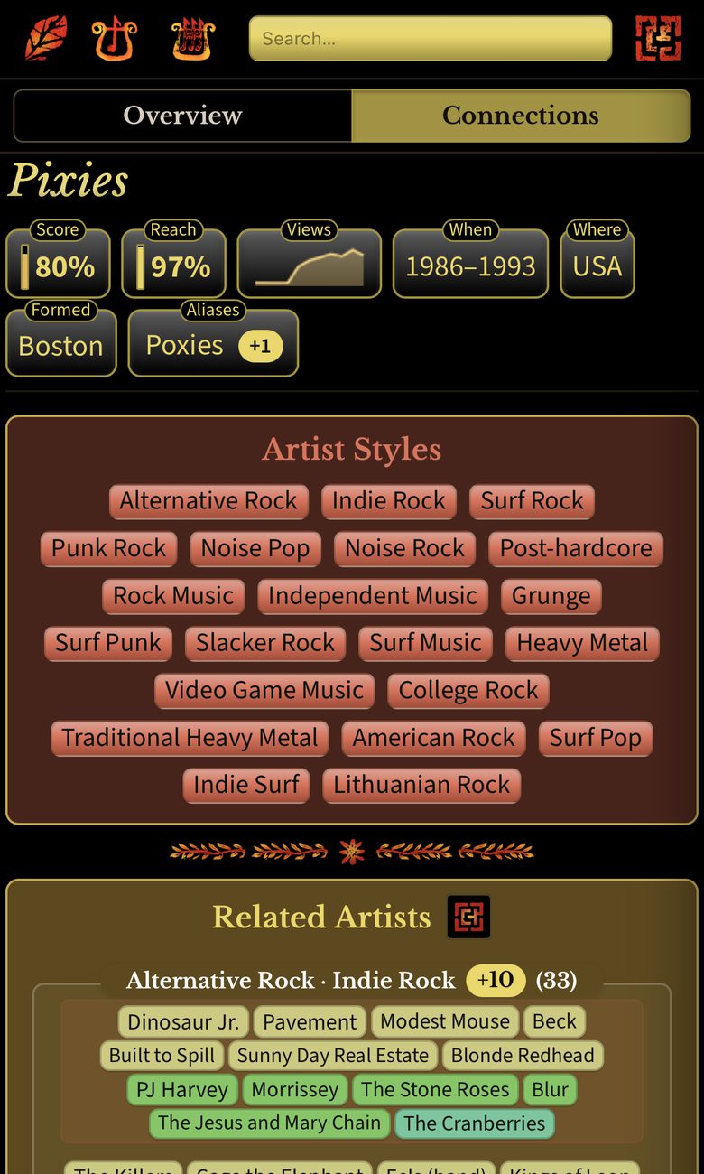 The Pixies room in Orpheus on a phone: the lino-stamp header, score and reach chips, twenty-one style chips, and the first group of related artists