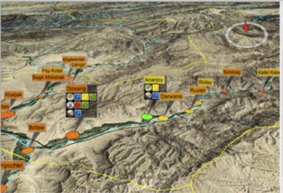 The CRIMSON map view: villages, roads and campaign markers over modeled terrain.