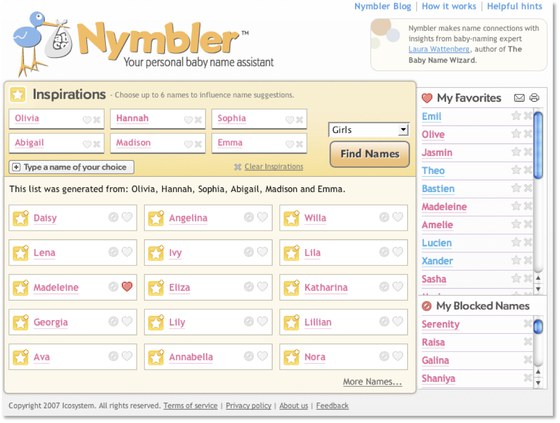 The Nymbler interface: six seed names at the top, generated suggestions below, favorites down the side.